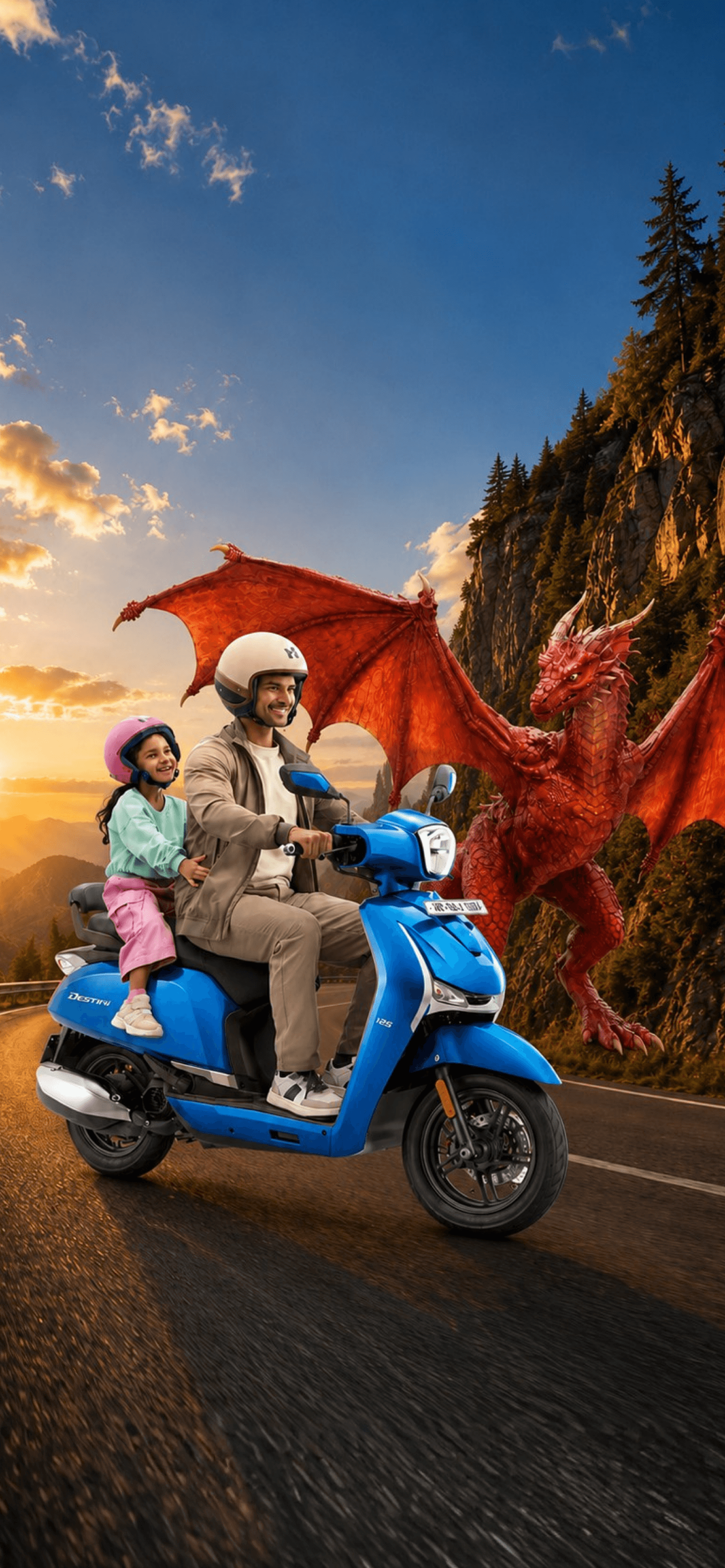A parent and child riding the Hero Destini scooter on a mountain road as a dragon soars behind them